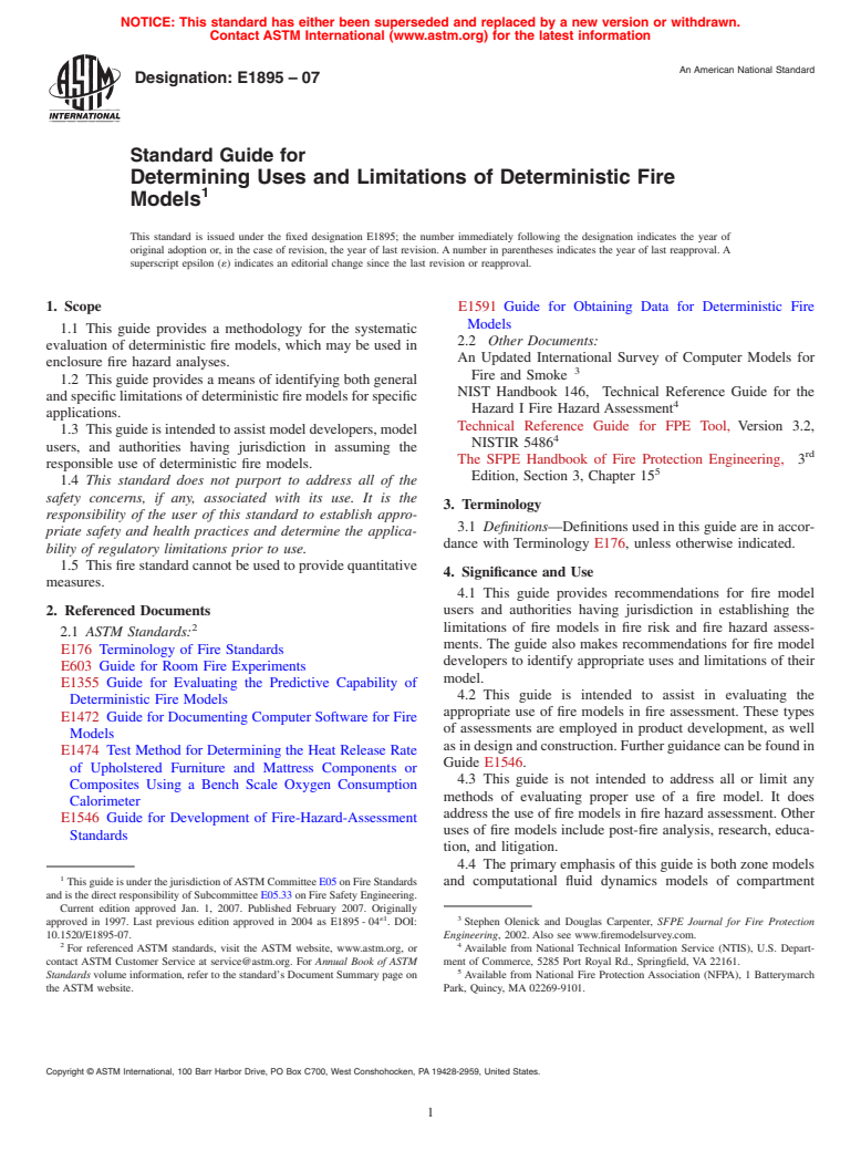 ASTM E1895-07 - Standard Guide for Determining Uses and Limitations of Deterministic Fire Models (Withdrawn 2011)