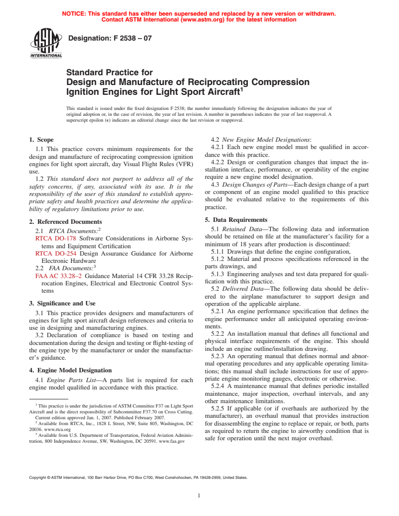 ASTM F2538-07 - Standard Practice for Design and Manufacture of Reciprocating Compression Ignition Engines for Light Sport Aircraft