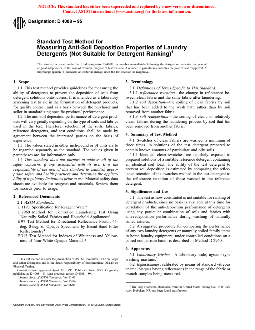 ASTM D4008-95 - Standard Test Method for Measuring Anti-Soil Deposition Properties of Laundry Detergents (Not Suitable for Detergent Ranking)