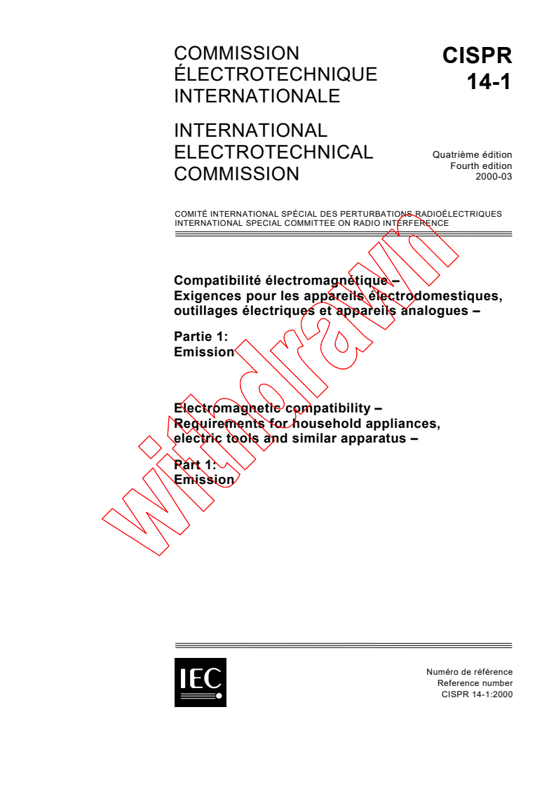 CISPR 14-1:2000 - Electromagnetic compatibility - Requirements for household appliances , electric tools and similar apparatus - Part 1: Emission
Released:3/30/2000
Isbn:2831851904