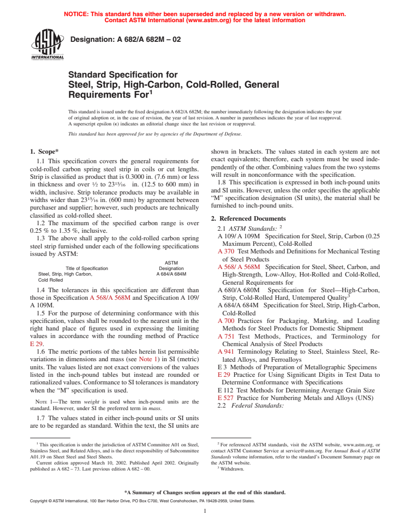 ASTM A682/A682M-02 - Standard Specification for Steel, Strip, High-Carbon, Cold-Rolled, General Requirements For