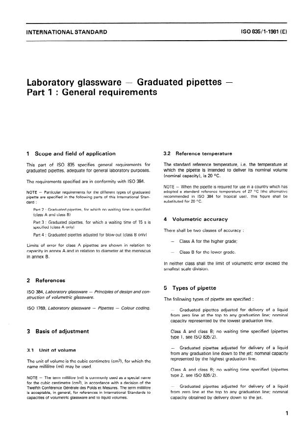 ISO 835-1:1981 - Laboratory glassware -- Graduated pipettes