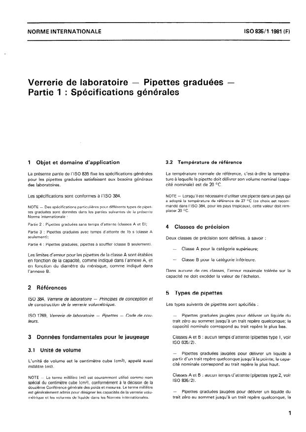 ISO 835-1:1981 - Verrerie de laboratoire -- Pipettes graduées