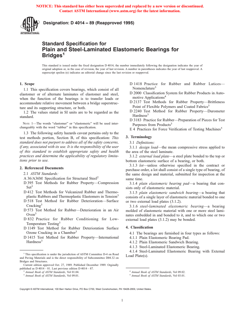 ASTM D4014-89(1995) - Standard Specification for Plain and Steel-Laminated Elastomeric Bearings for Bridges