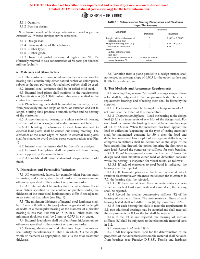 ASTM D4014-89(1995) - Standard Specification for Plain and Steel-Laminated Elastomeric Bearings for Bridges