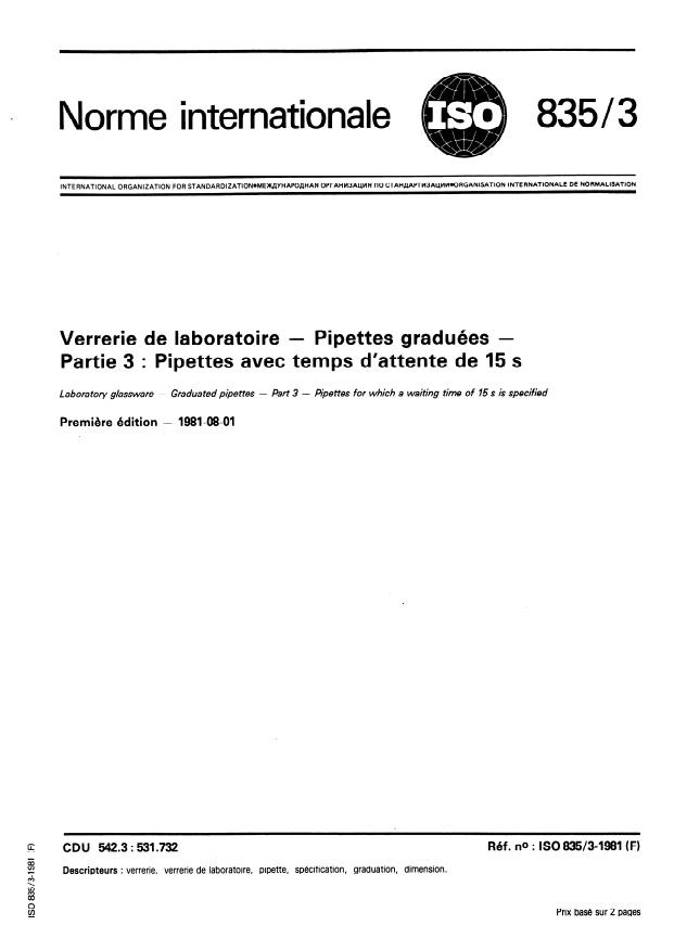 ISO 835-3:1981 - Verrerie de laboratoire -- Pipettes graduées