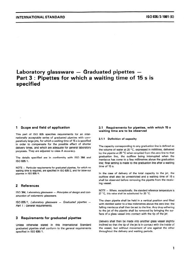 ISO 835-3:1981 - Laboratory glassware -- Graduated pipettes