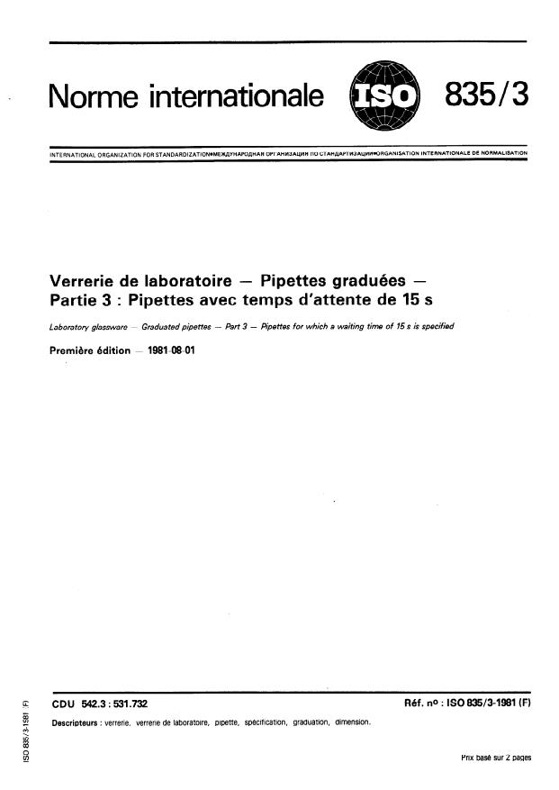 ISO 835-3:1981 - Verrerie de laboratoire -- Pipettes graduées
