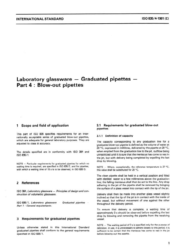 ISO 835-4:1981 - Laboratory glassware -- Graduated pipettes