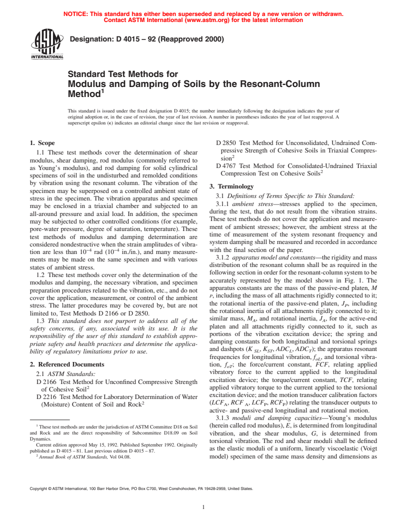 ASTM D4015-92(2000) - Standard Test Methods for Modulus and Damping of Soils by the Resonant-Column Method