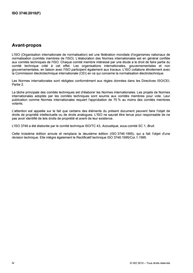 ISO 3746:2010 ISO 3746:2010 - Acoustique -- Détermination des niveaux de puissance acoustique et des niveaux d'énergie acoustique émis par les sources de bruit a partir de la pression acoustique -- Méthode de contrôle employant une surface de mesure enveloppante au-dessus d'un plan réfléchissant - Page 4 preview