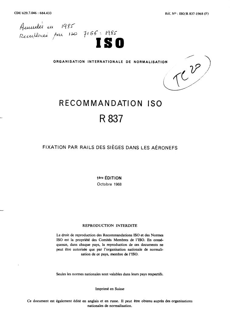 ISO/R 837:1968 - Aircraft seat rails and pins
Released:10/1/1968