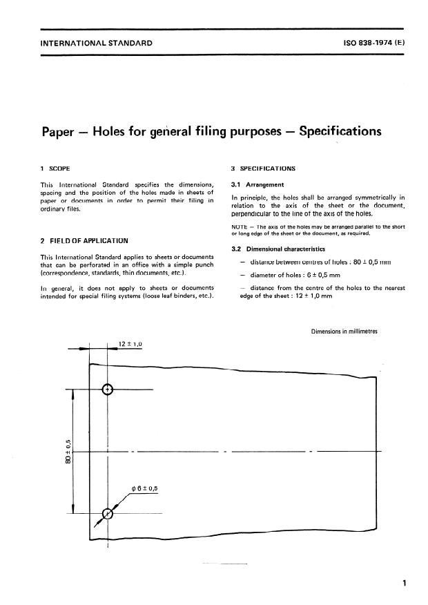 ISO 838:1974 - Paper -- Holes for general filing purposes -- Specifications