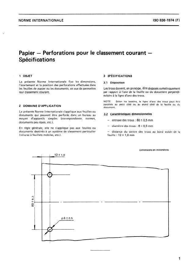 ISO 838:1974 - Papier -- Perforations pour le classement courant -- Spécifications