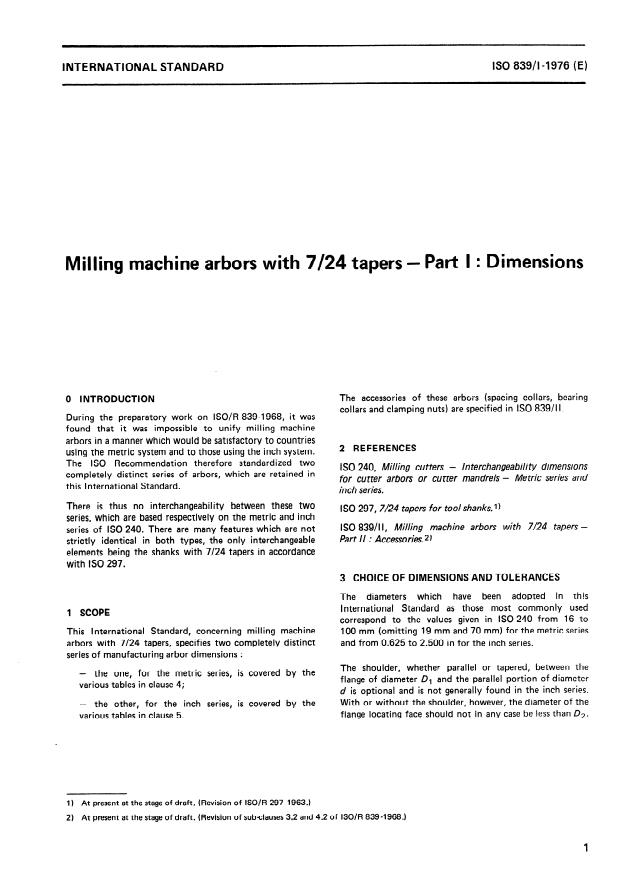 ISO 839-1:1976 - Milling machine arbors with 7/24 tapers