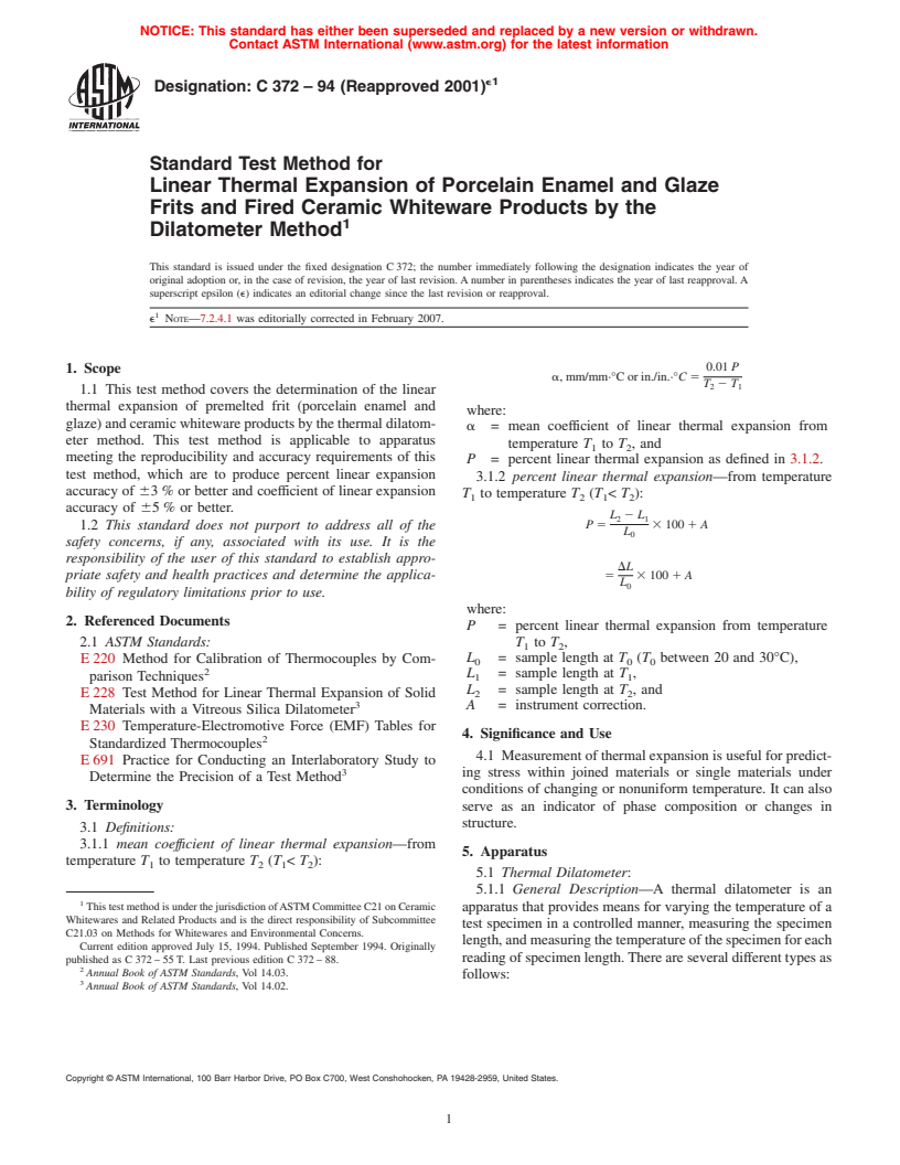 ASTM C372-94(2001)e1 - Standard Test Method for Linear Thermal Expansion of Porcelain Enamel and Glaze Frits and Fired Ceramic Whiteware Products by the Dilatometer Method