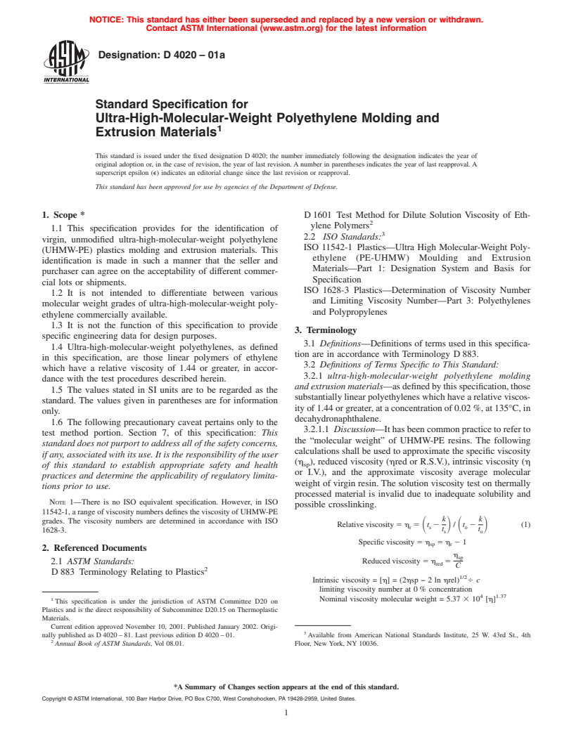 ASTM D4020-01a - Standard Specification for Ultra-High-Molecular-Weight Polyethylene Molding and Extrusion Materials