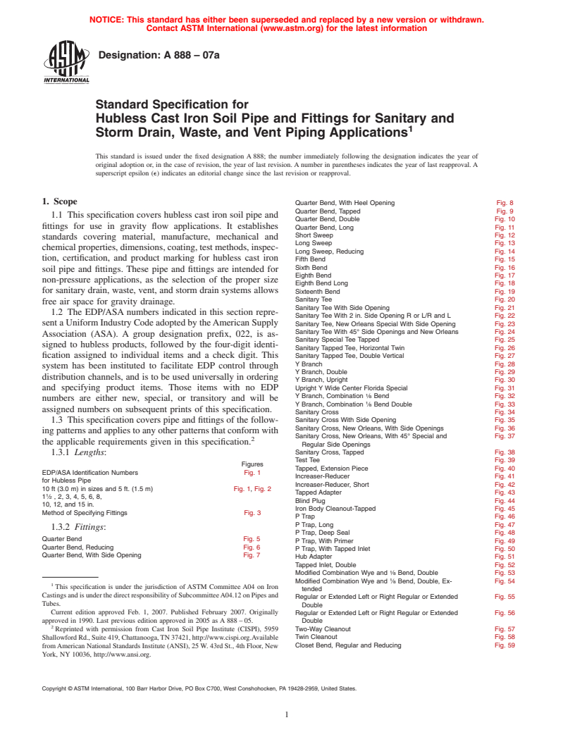 ASTM A888-07a - Standard Specification for Hubless Cast Iron Soil Pipe and Fittings for Sanitary and Storm Drain, Waste, and Vent Piping Applications