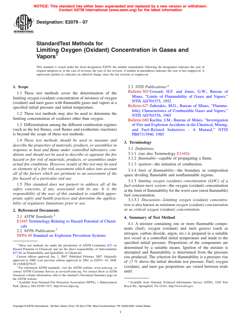 ASTM E2079-07 - Standard Test Methods for Limiting Oxygen (Oxidant) Concentration in Gases and Vapors