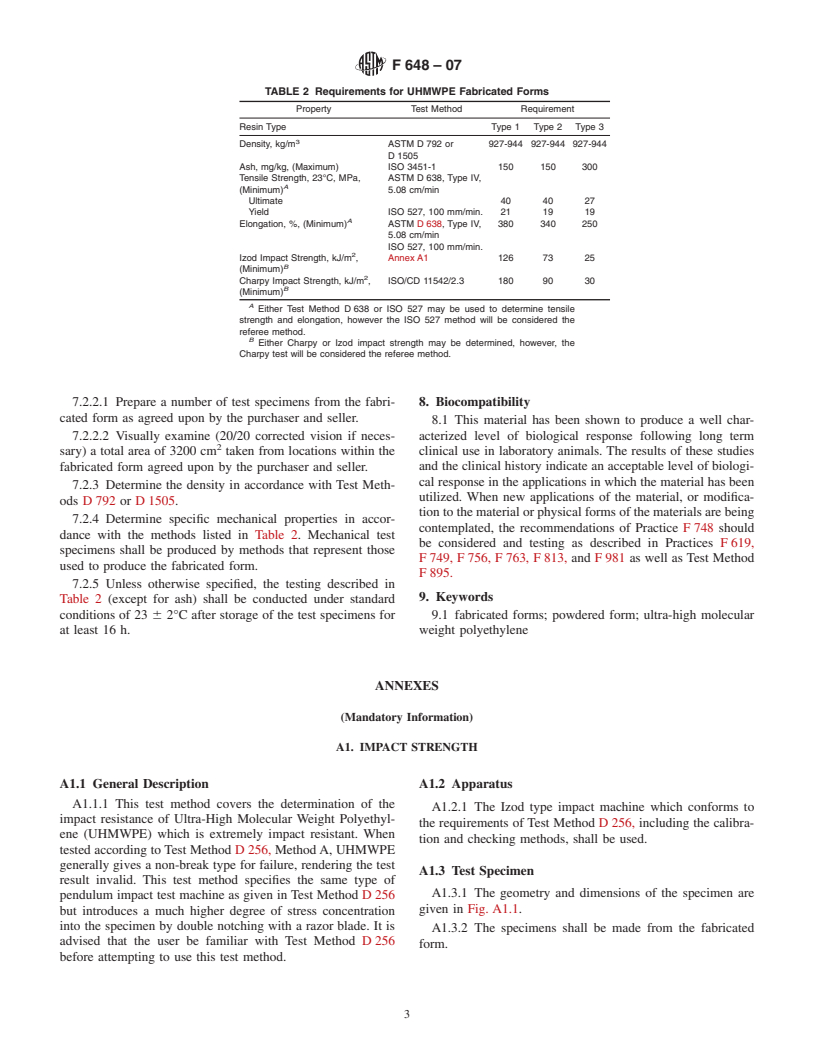 ASTM F648-07 - Standard Specification for Ultra-High-Molecular-Weight Polyethylene Powder and Fabricated Form for Surgical Implants