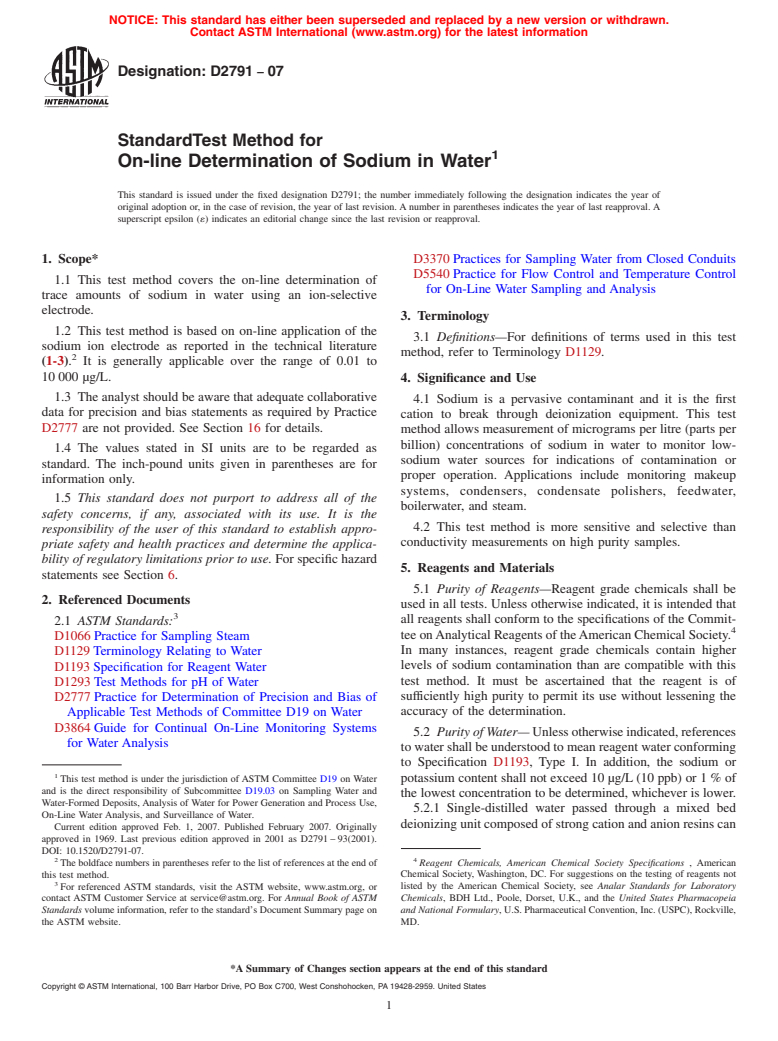 ASTM D2791-07 - Standard Test Method for On-line Determination of Sodium in Water