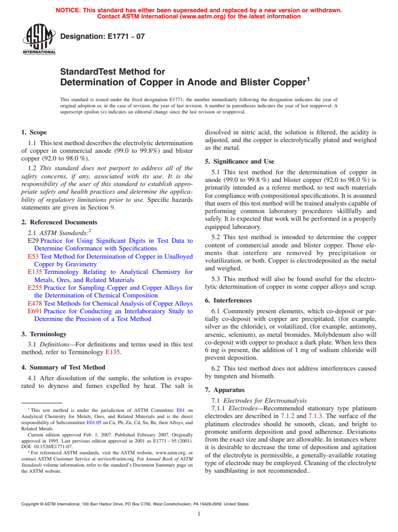 ASTM E1771-07 - Standard Test Method for Determination of Copper in Anode and Blister Copper (Withdrawn 2016)