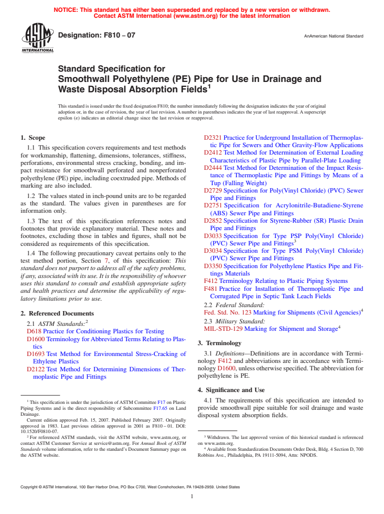 ASTM F810-07 - Standard Specification for Smoothwall Polyethylene (PE) Pipe for Use in Drainage and Waste Disposal Absorption Fields