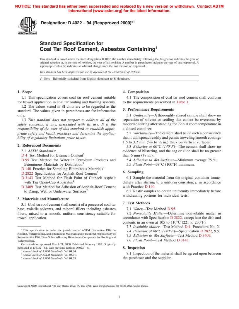 ASTM D4022-94(2000)e1 - Standard Specification for Coal Tar Roof Cement, Asbestos Containing