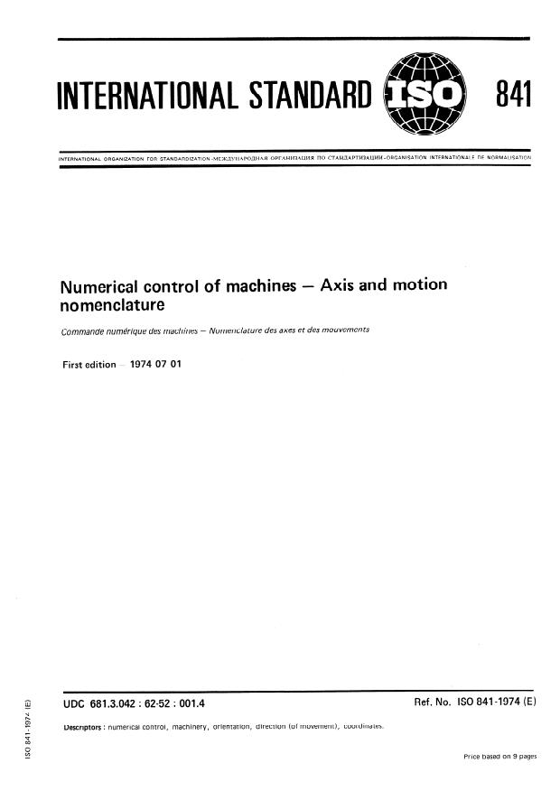 ISO 841:1974 - Numerical control of machines -- Axis and motion nomenclature