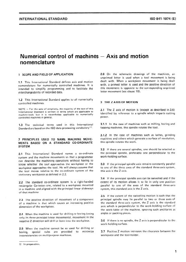 ISO 841:1974 - Numerical control of machines -- Axis and motion nomenclature