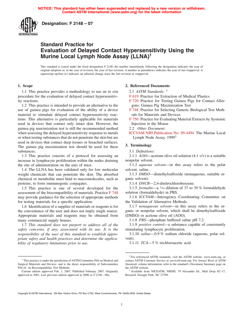 ASTM F2148-07 - Standard Practice for Evaluation of Delayed Contact Hypersensitivity Using the Murine Local Lymph Node Assay (LLNA)