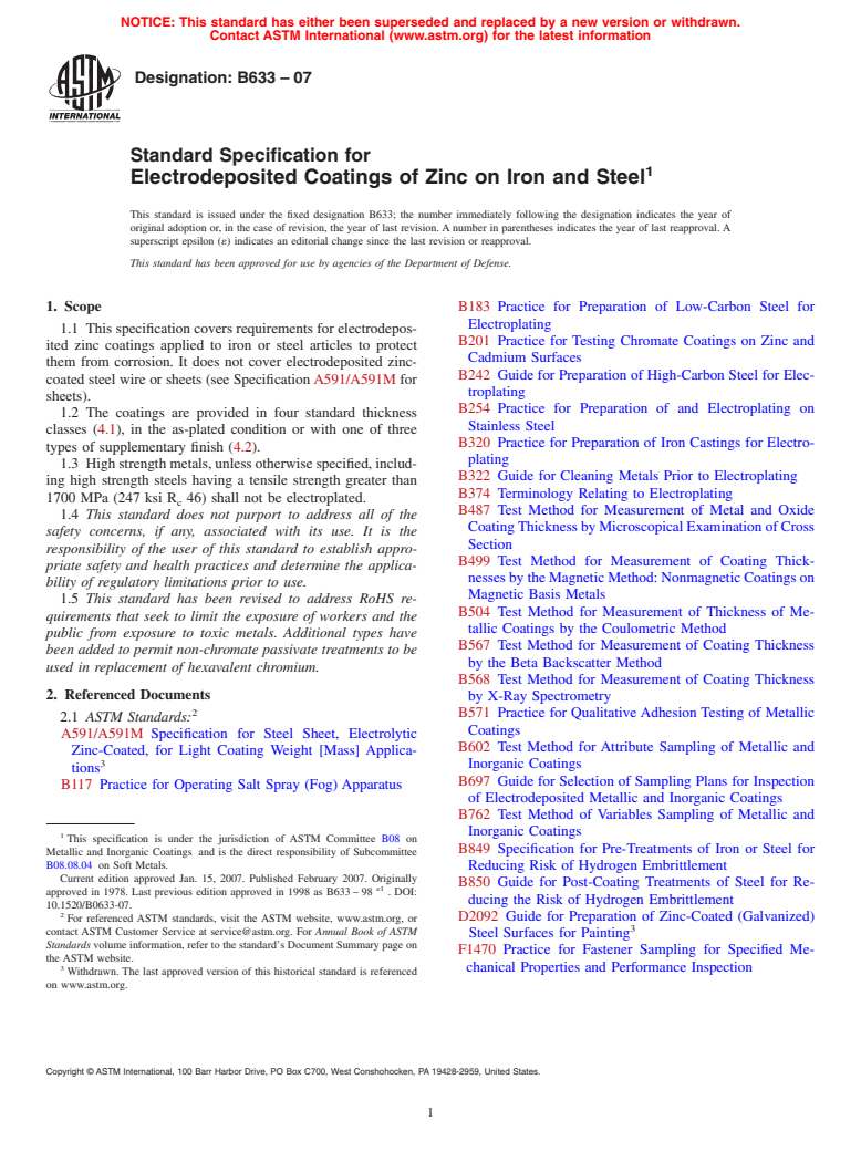 ASTM B633-07 - Standard Specification for Electrodeposited Coatings of Zinc on Iron and Steel