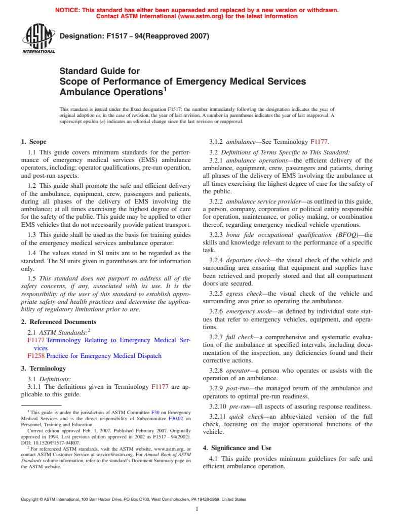ASTM F1517-94(2007) - Standard Guide for Scope of Performance of Emergency Medical Services Ambulance Operations
