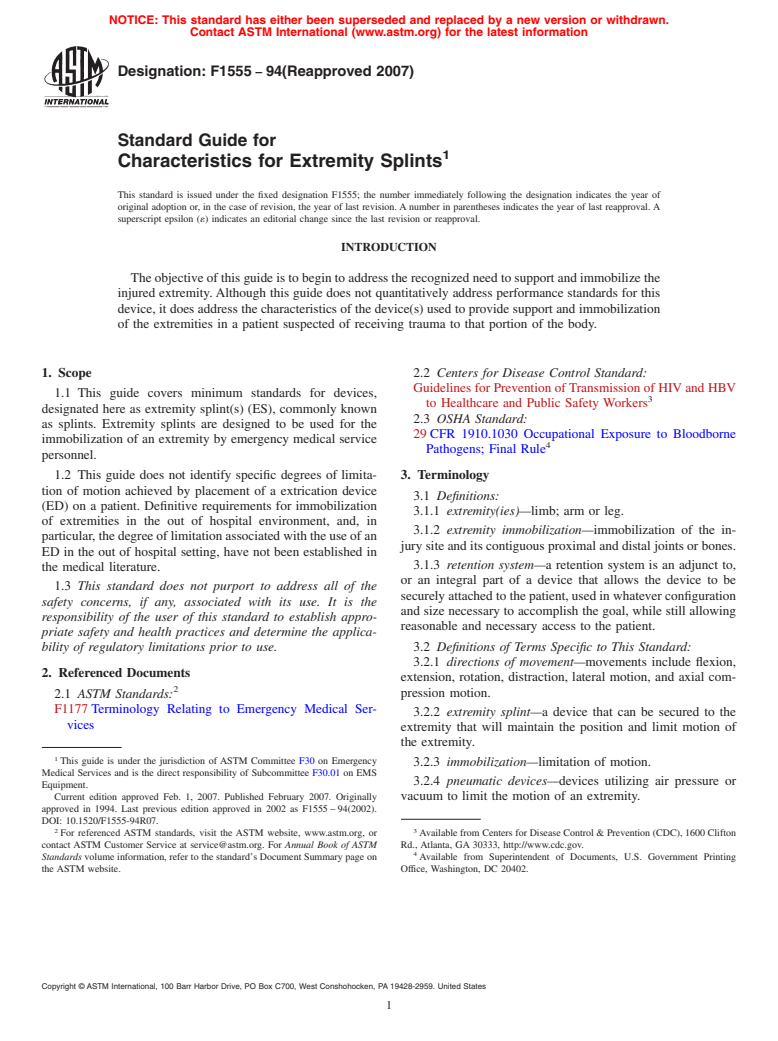 ASTM F1555-94(2007) - Standard Guide for Characteristics for Extremity Splints