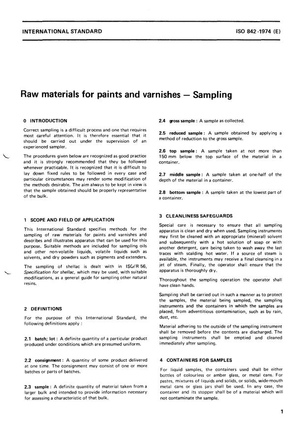 ISO 842:1974 - Raw materials for paints and varnishes -- Sampling