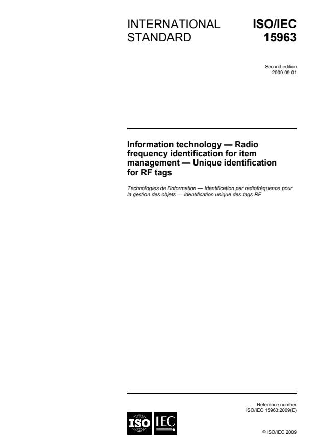 ISO/IEC 15963:2009 - Information technology -- Radio frequency identification for item management -- Unique identification for RF tags