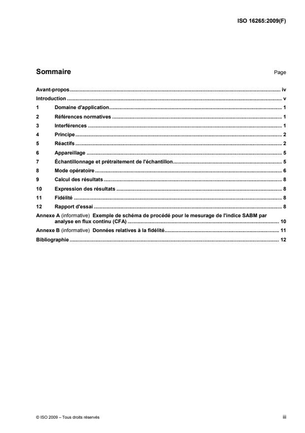 ISO 16265:2009 - Qualité de l'eau -- Mesurage de l'indice des substances actives au bleu de méthylene (SABM)  -- Méthode par analyse en flux continu (CFA)