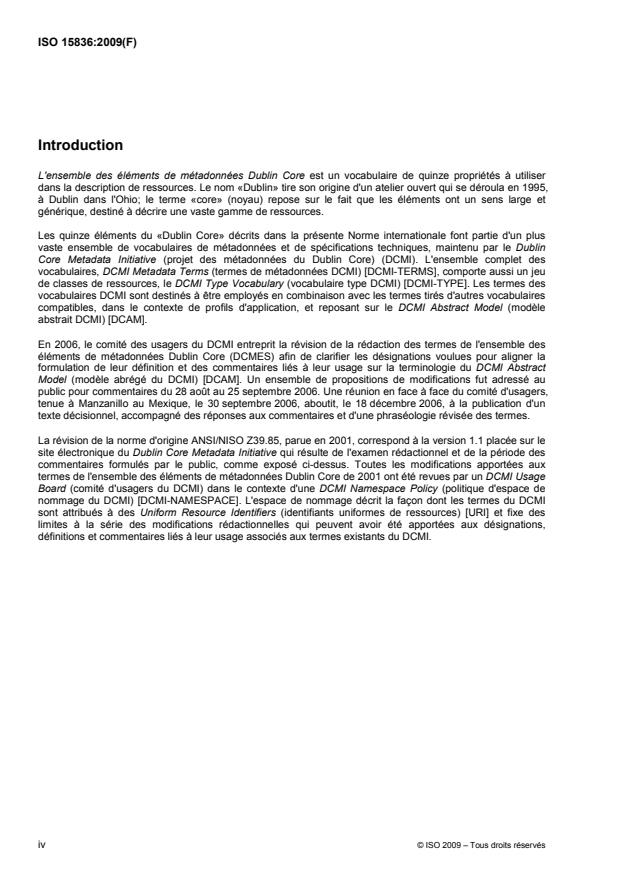ISO 15836:2009 ISO 15836:2009 - Information et documentation -- L'ensemble des éléments de métadonnées Dublin Core - Page 4 preview