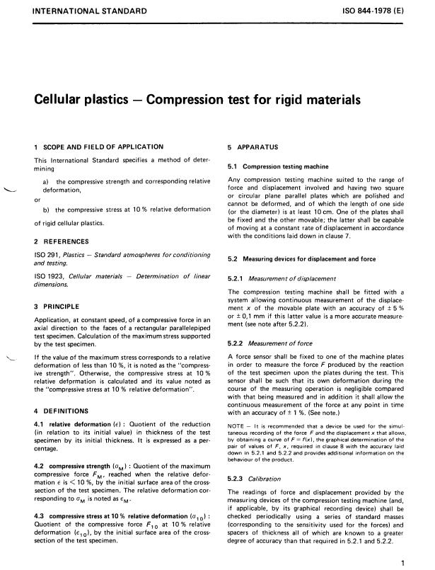 ISO 844:1978 - Cellular plastics -- Compression test of rigid materials