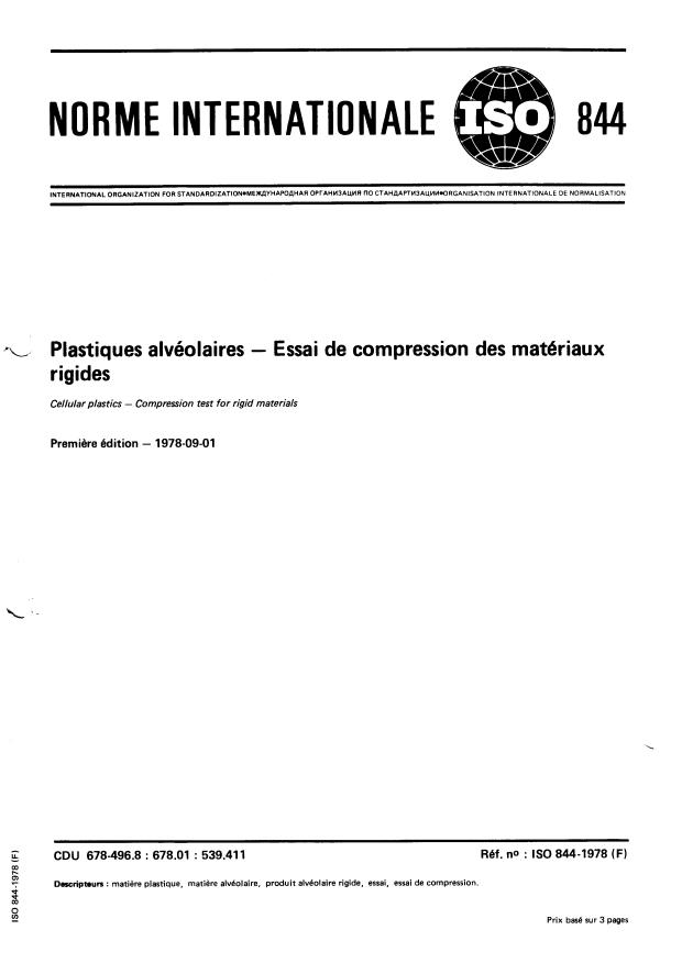 ISO 844:1978 - Plastiques alvéolaires -- Essai de compression des matériaux rigides