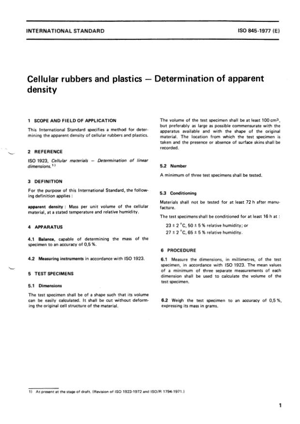 ISO 845:1977 - Cellular rubbers and plastics -- Determination of apparent density