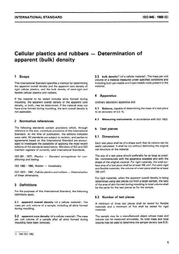 ISO 845:1988 - Cellular plastics and rubbers -- Determination of apparent (bulk) density
