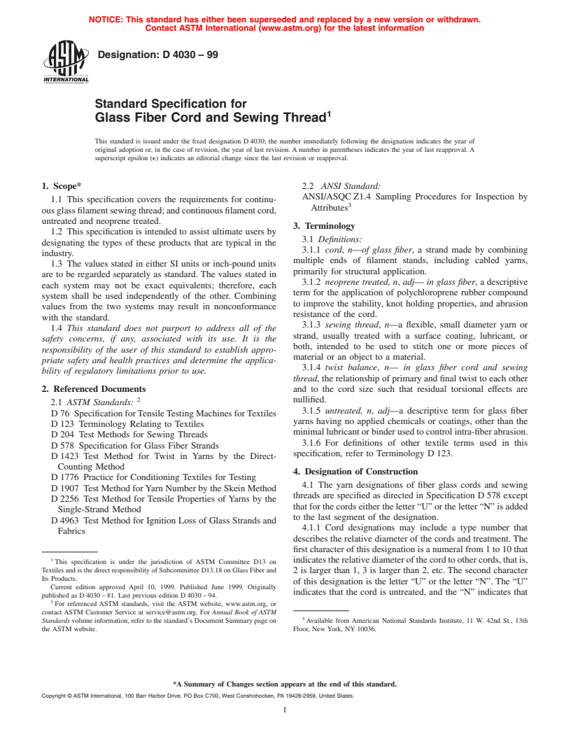 ASTM D4030-99 - Standard Specification for Glass Fiber Cord and Sewing Thread