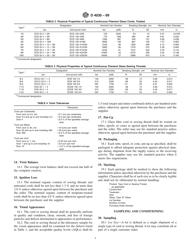 ASTM D4030-99 - Standard Specification for Glass Fiber Cord and Sewing Thread