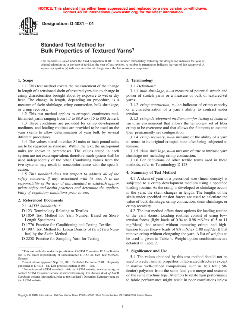 ASTM D4031-01 - Standard Test Method for Bulk Properties of Textured Yarns