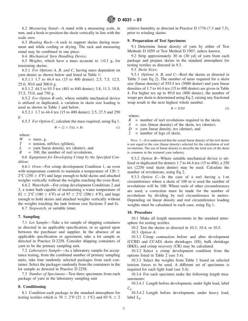 ASTM D4031-01 - Standard Test Method for Bulk Properties of Textured Yarns