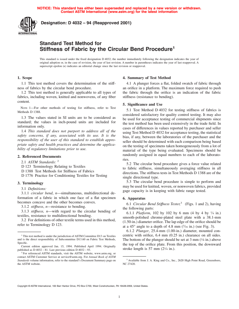 ASTM D4032-94(2001) - Standard Test Method for Stiffness of Fabric by the Circular Bend Procedure