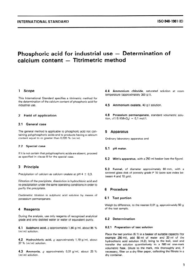 ISO 848:1981 - Phosphoric acid for industrial use -- Determination of calcium content -- Titrimetric method