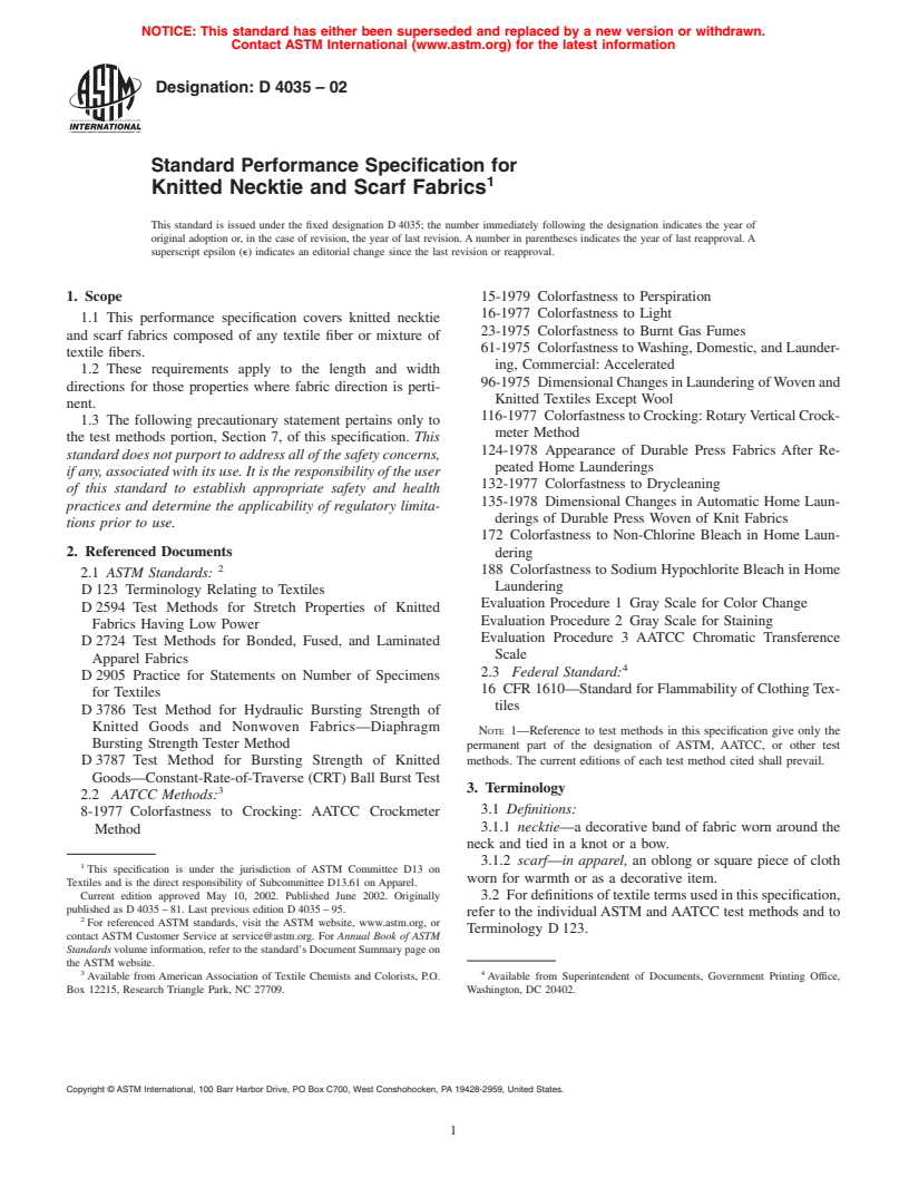 ASTM D4035-02 - Standard Performance Specification for Knitted Necktie and Scarf Fabrics