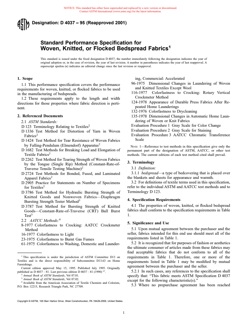 ASTM D4037-95(2001) - Standard Performance Specification for Woven, Knitted, or Flocked Bedspread Fabrics